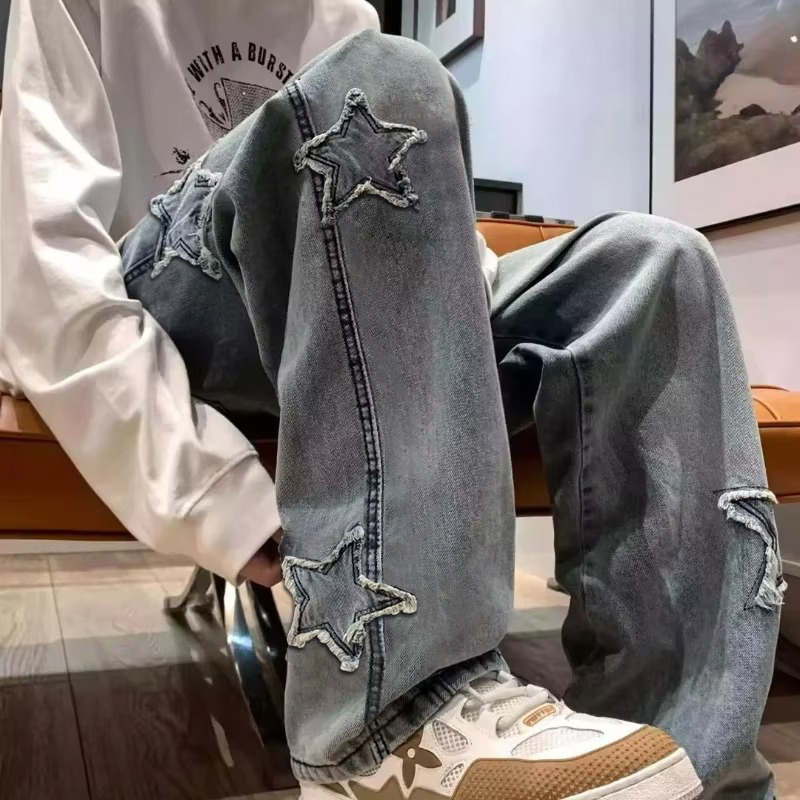 Men'S Fashion With Baggy Jeans - Nieuwe heren ster geborduurde mode baggy