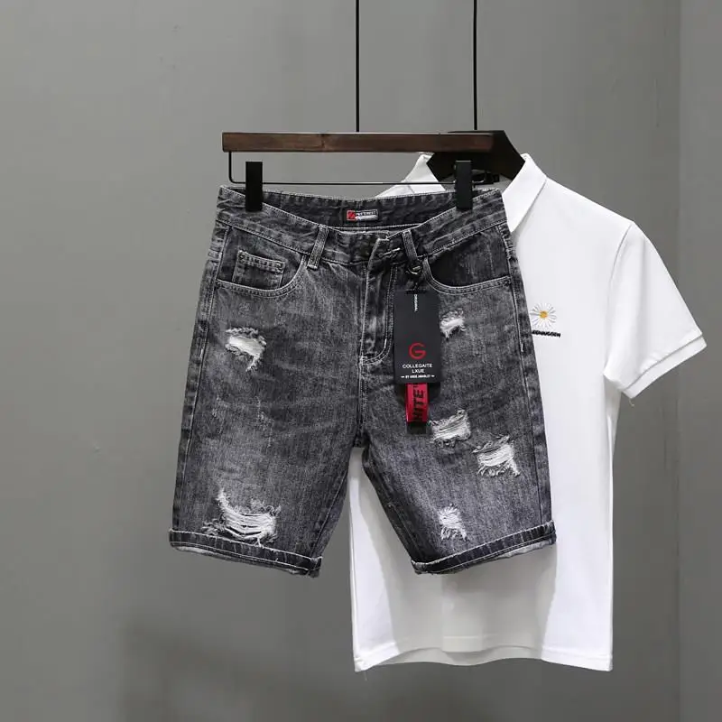 Men Fashion Jeans - Heren Korte Jeans Broek Zwart Grijs
